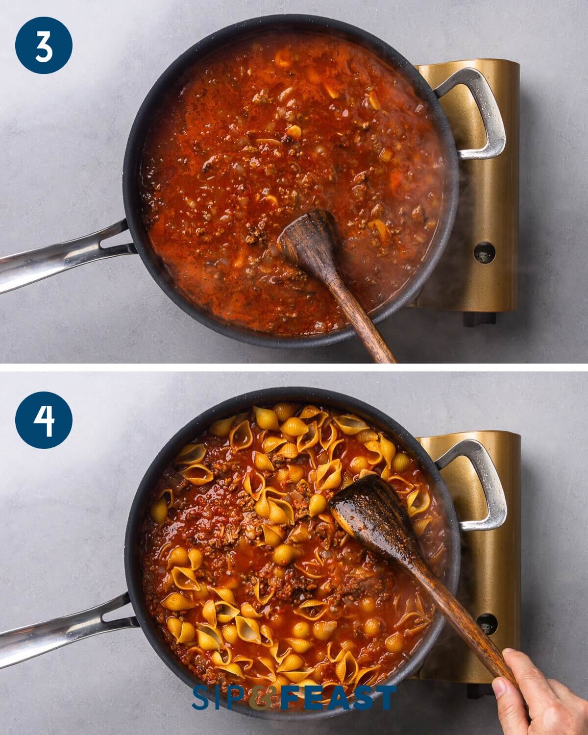Recipe collage two showing making the sauce and adding the shells to the sauce.