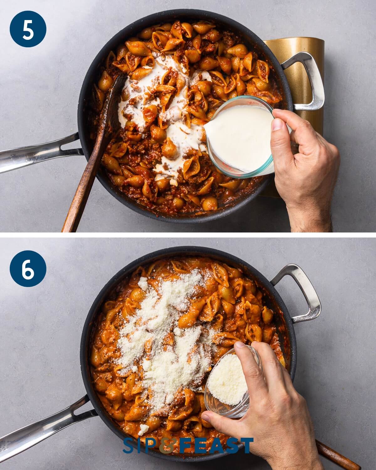 Recipe collage three showing adding the cream and finishing the dish with grated pecorino.