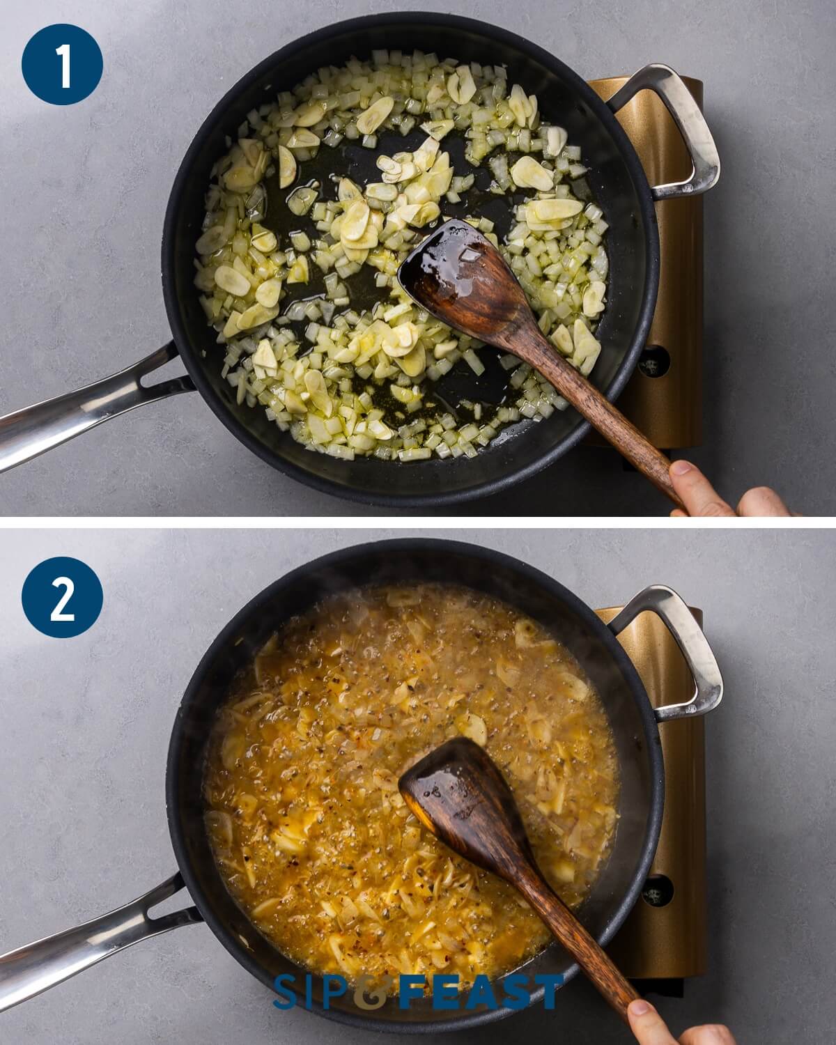 Recipe process collage group one showing sauteing of onions and deglazing with white wine.