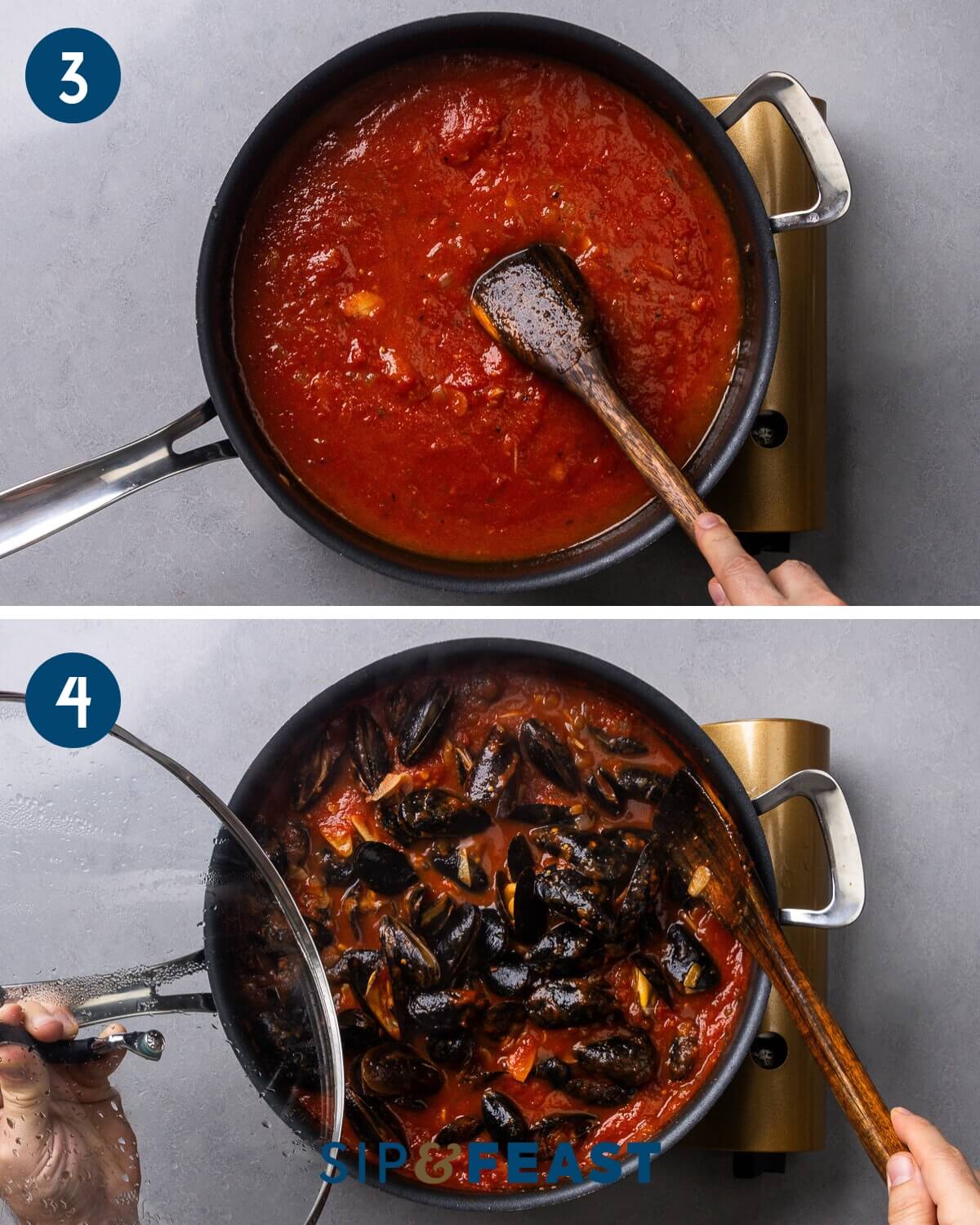 Recipe process collage two showing making the sauce and adding the mussels to the sauce.
