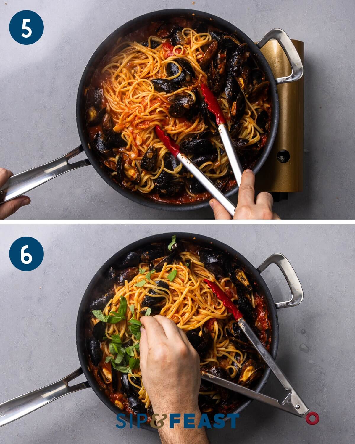 Recipe collage three showing finishing the linguine in the sauce and adding the basil.
