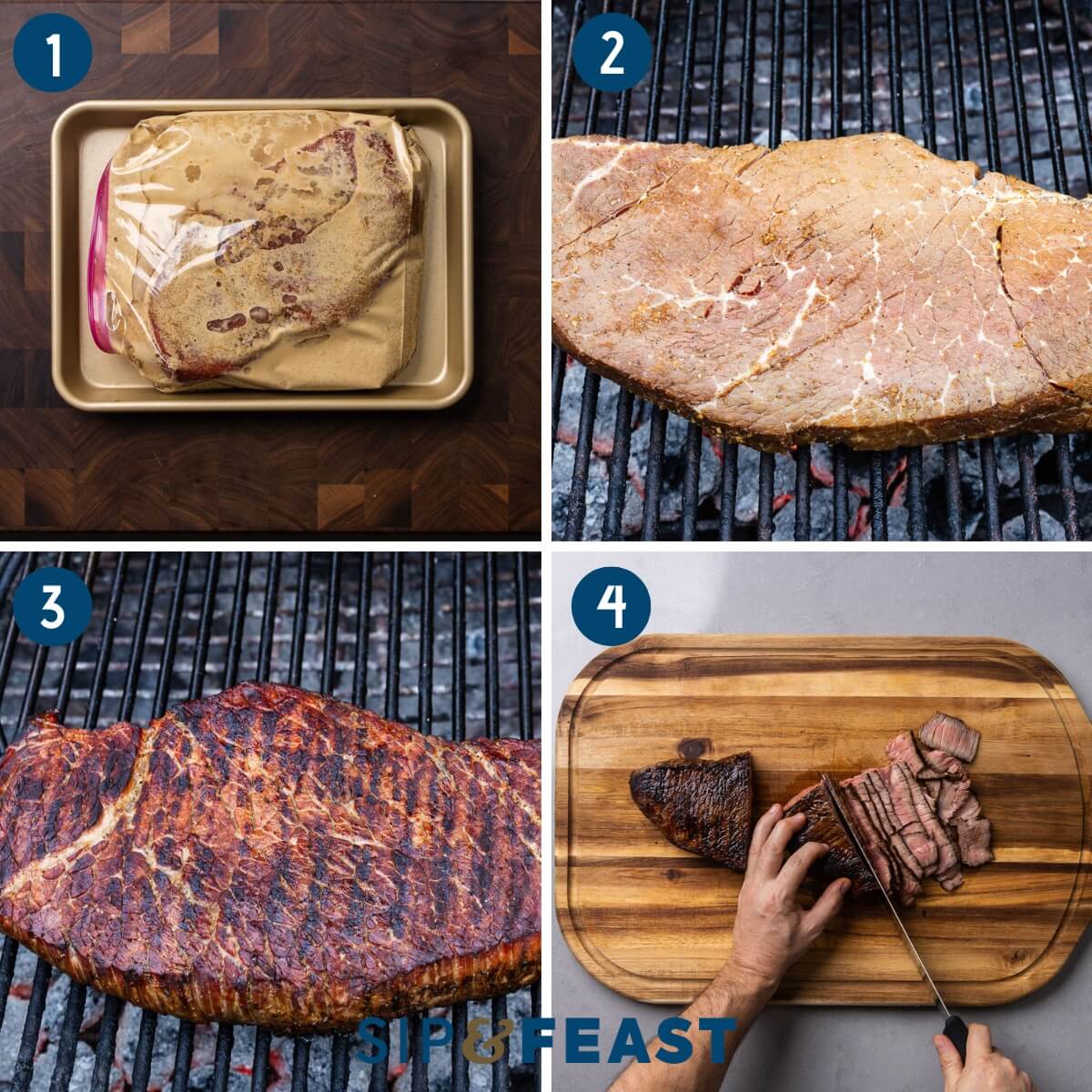 Marinated London Broil recipe process collage showing marinating the beef, grilling the beef, and slicing the beef.