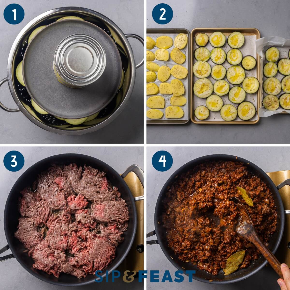 Moussaka recipe process shot collage group one showing salting the eggplant, arranging the potatoes and eggplant slices on a baking sheet, sauteing the meat, and making the sauce.