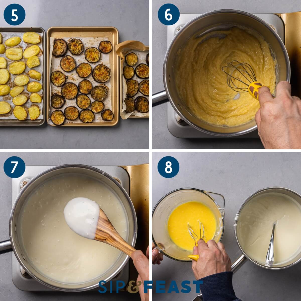 Recipe collage two showing the roasted potatoes and eggplant, making the bechamel sauce, and tempering the eggs.