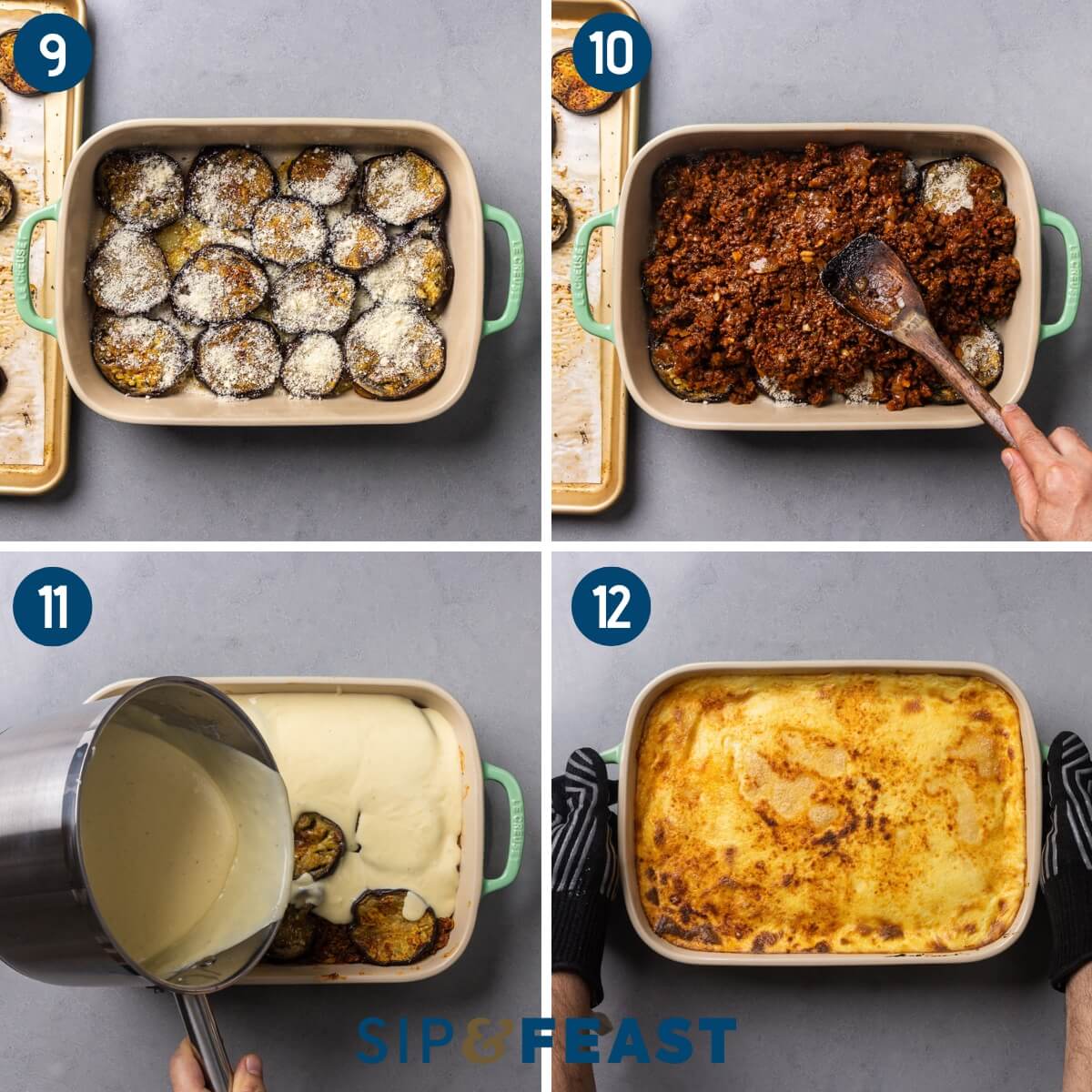 Recipe process shot collage three showing arraning the potatoes and eggplant in the baking dish, spreading the meat sauce, pouring the bechamel, and the finished baked dish.