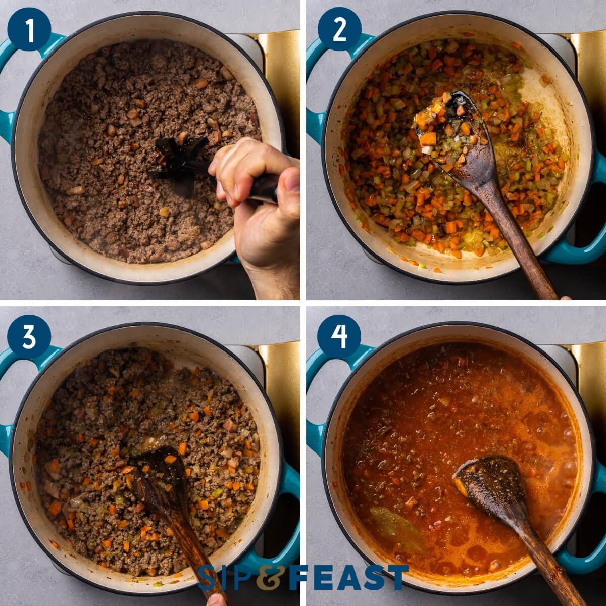 Pappardelle Bolognese recipe process collage group one showing sauteing of beef, sauteing of vegetables, and simmering the ragu.