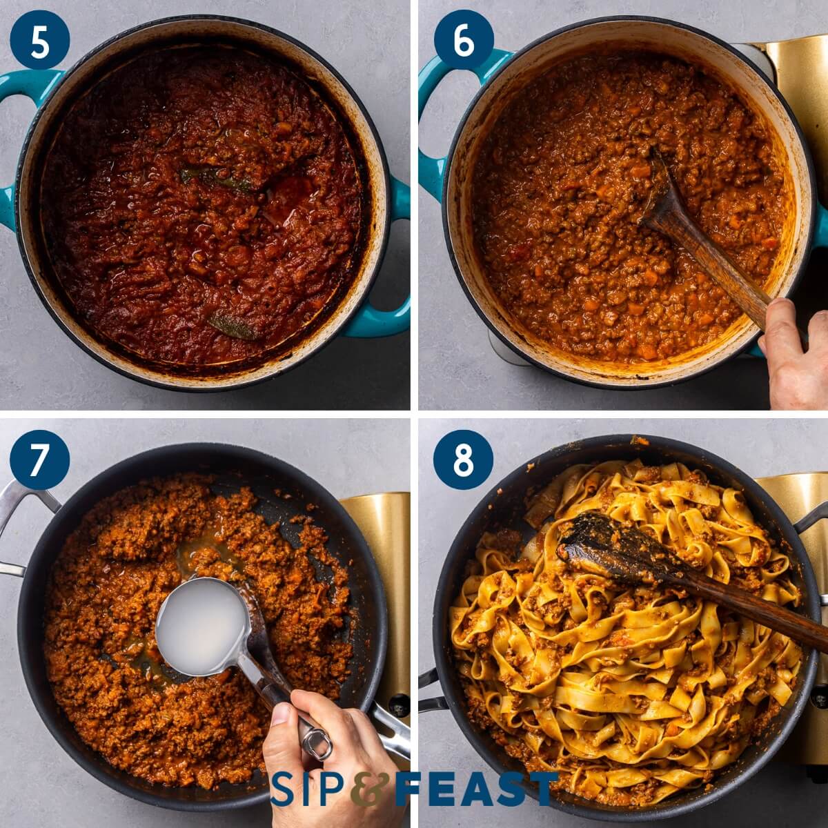 Recipe collage group two showing the bolognese after 3 hours of cooking, mixing in the cream, placing the ragu and pasta water in a pan, and the saucing the pappardelle.