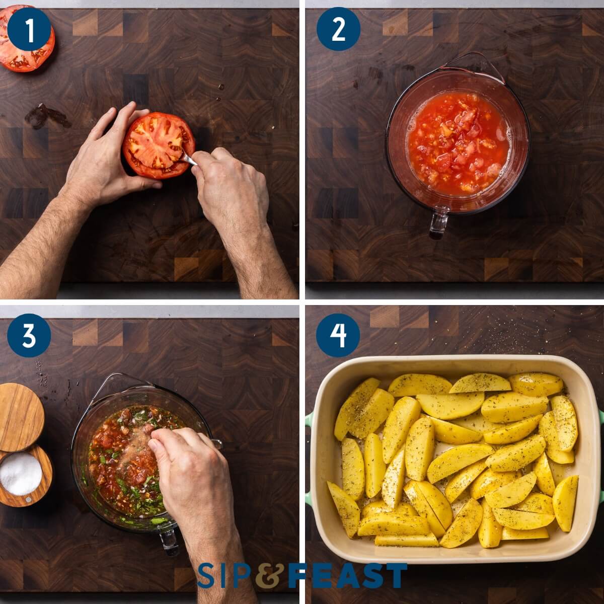 Recipe process shot collage one showing hollowing out the tomatoes, seasoning the juice and rice mixture, and the seasoned potatoes in a baking dish.