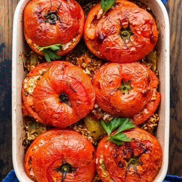 Roman stuffed tomatoes in baking dish.