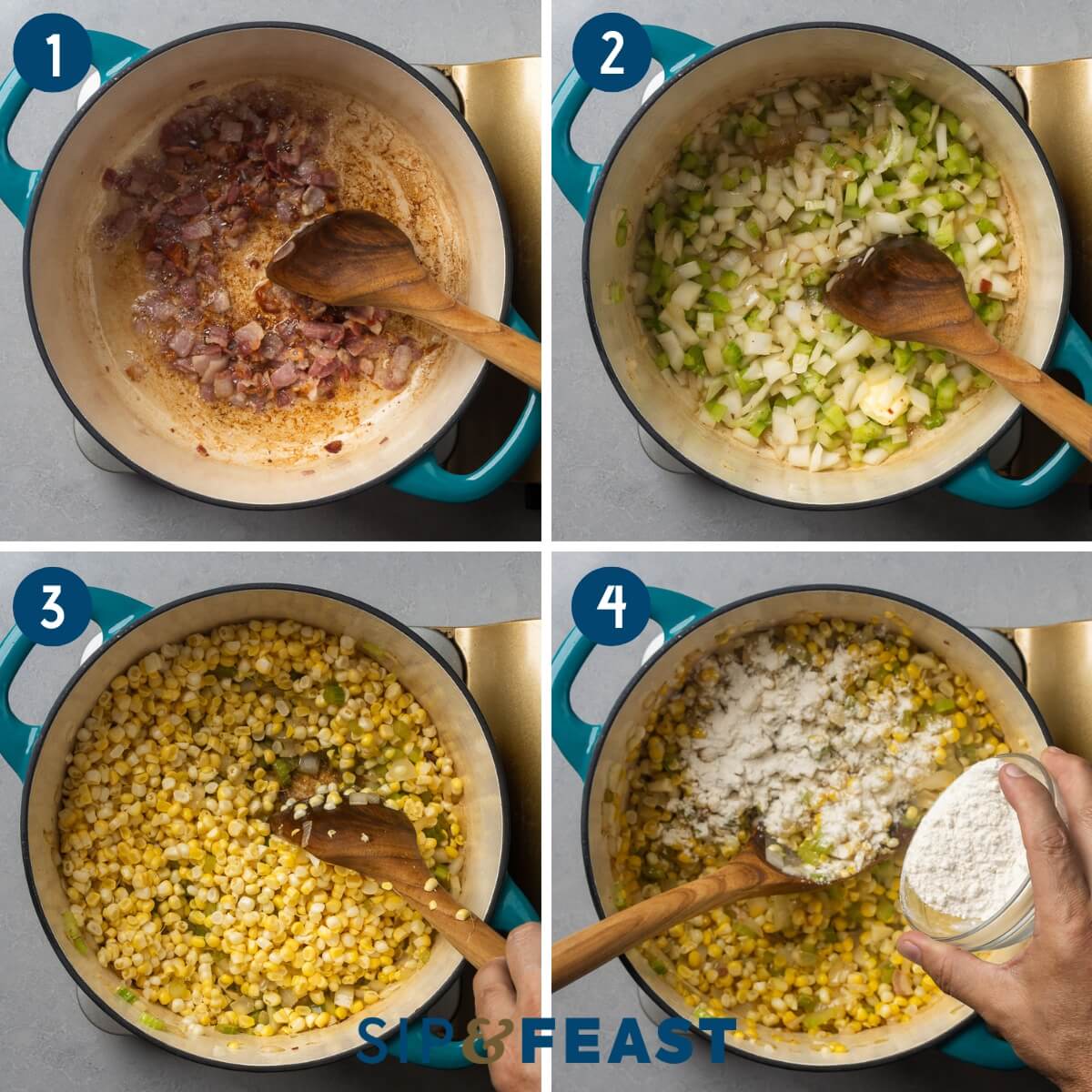 Corn chowder recipe process collage group one showing sauteing of bacon, adding vegetables, adding corn, and adding flour.