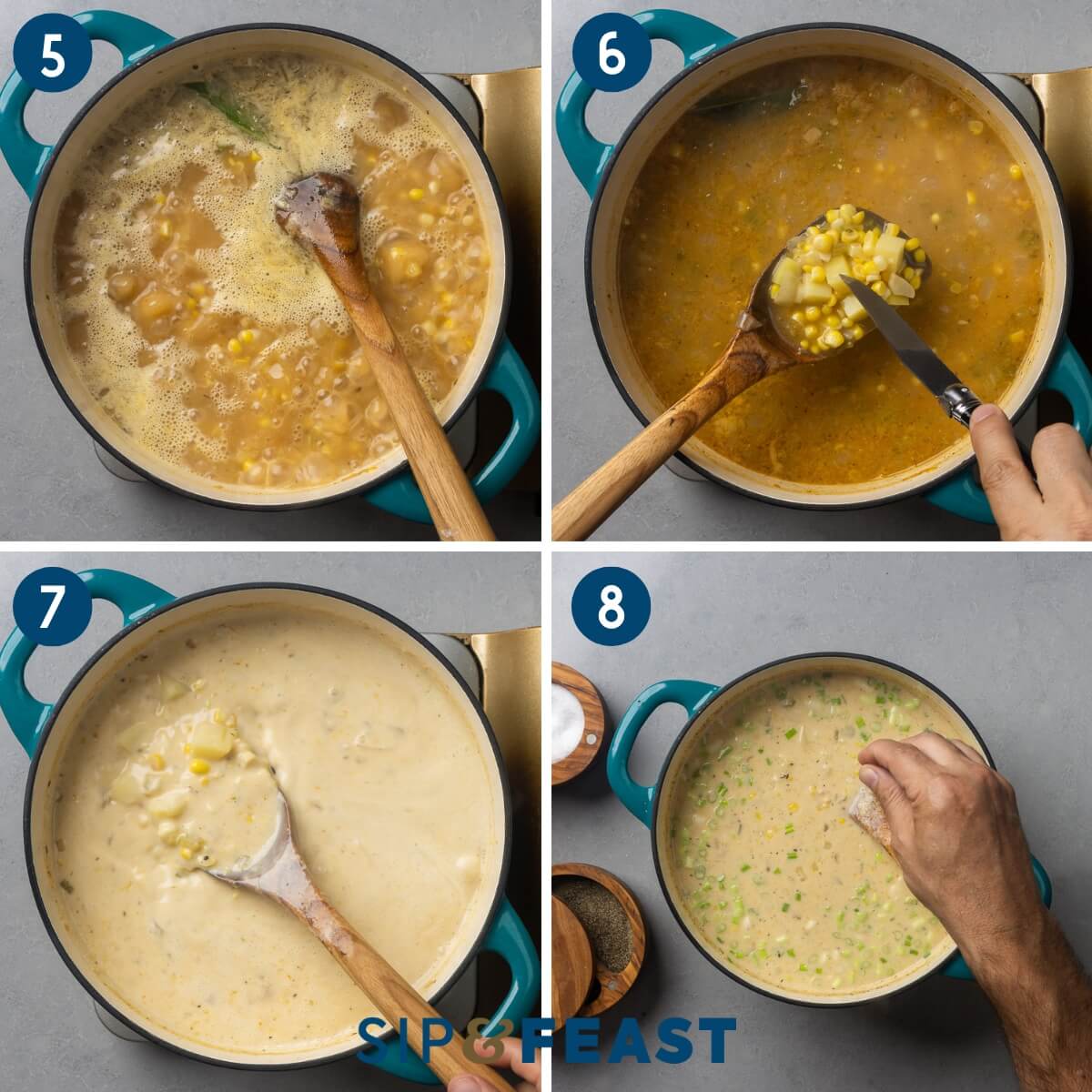 Recipe collage two showing bringing soup to a boil, checking potatoes for doneness, adding cream, and seasoning the soup.