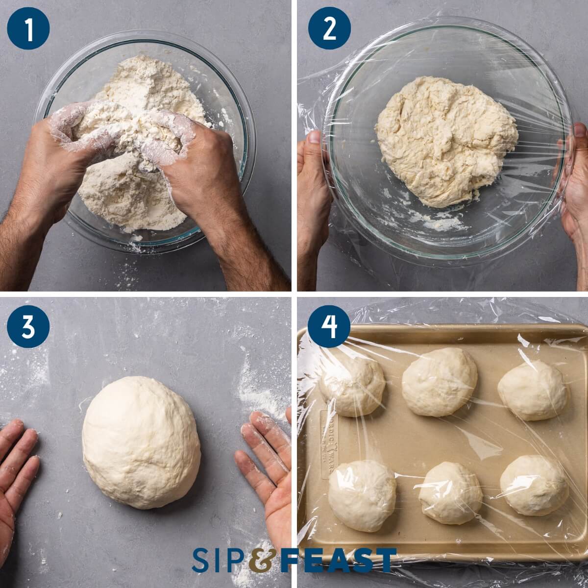 Basic flatbread recipe process collage group one showing mixing flour with lard, covering dough, balling the dough, and turning the dough into 6 small balls.
