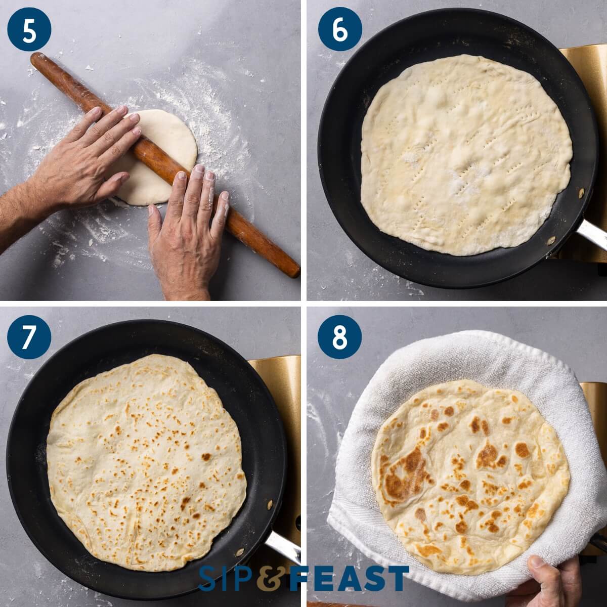 Recipe collage two showing rolling the dough, pan frying the flatbreads, and holding them in a towel.