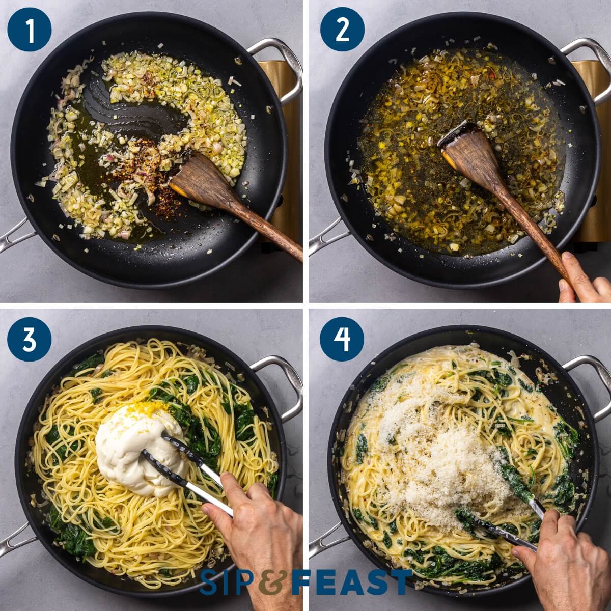 Recipe process collage showing sauteing of shallots an hot red pepper, deglazing pan with wine, adding the pasta, spinach, and ricotta, and mixing in the parmesan.