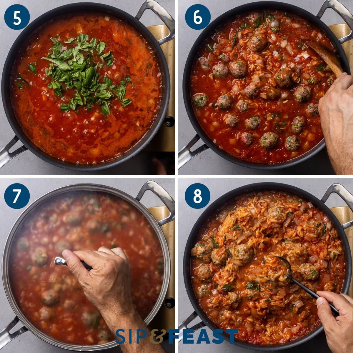 Recipe collage two showing bringing sauce to a simmer, adding the orzo and meatballs, covering the pot, and testing the orzo.