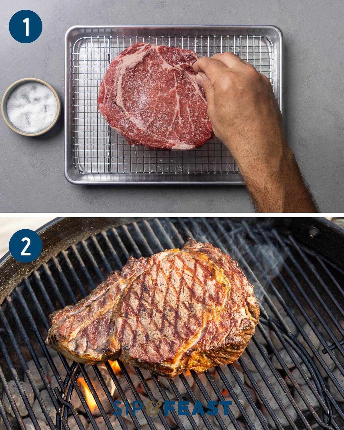 Steak Tagliata recipe process collage group one showing salting the steak and searing the steak on a grill.
