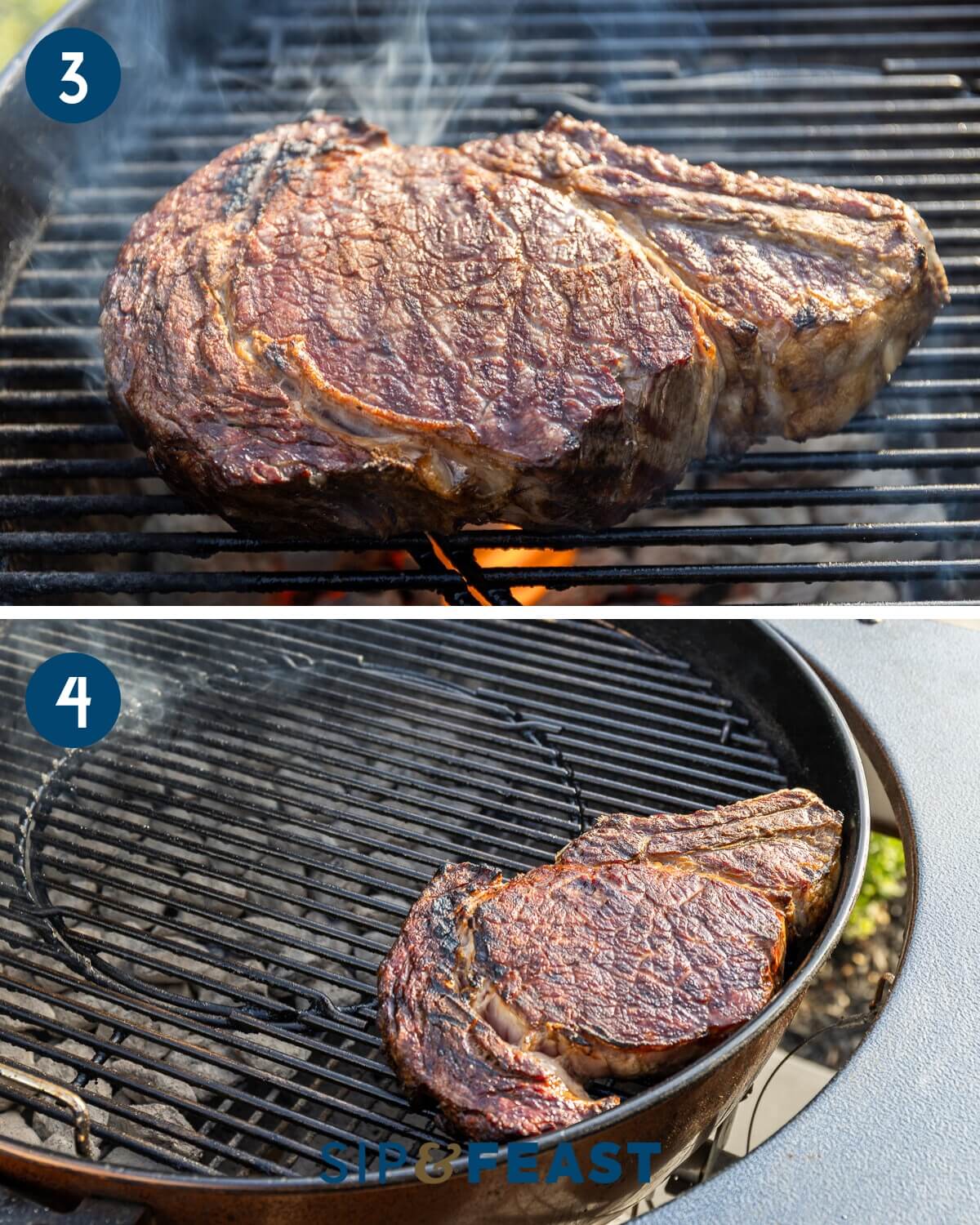Recipe collage two showing searing of the steak and moving the steak to a cool spot.