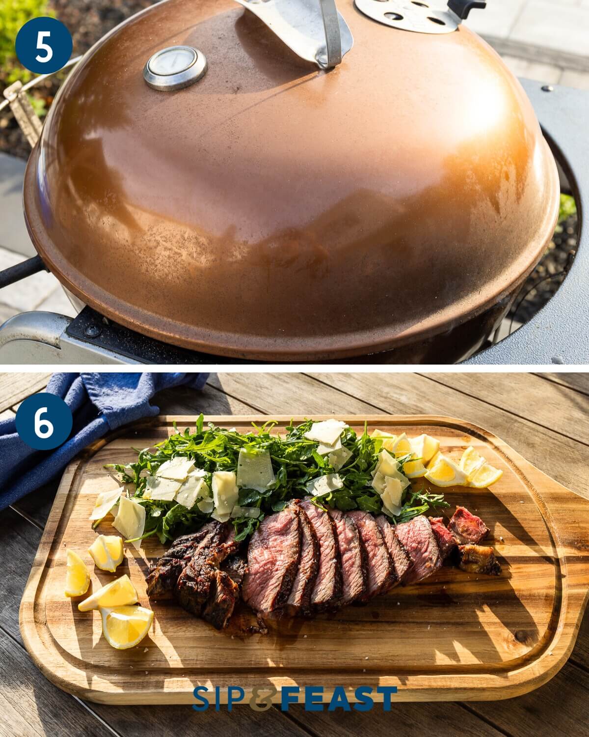 Recipe collage three showing covering the grill with a lid and the sliced steak on a cutting board with arugula, shaved parmesan, and lemon wedges.