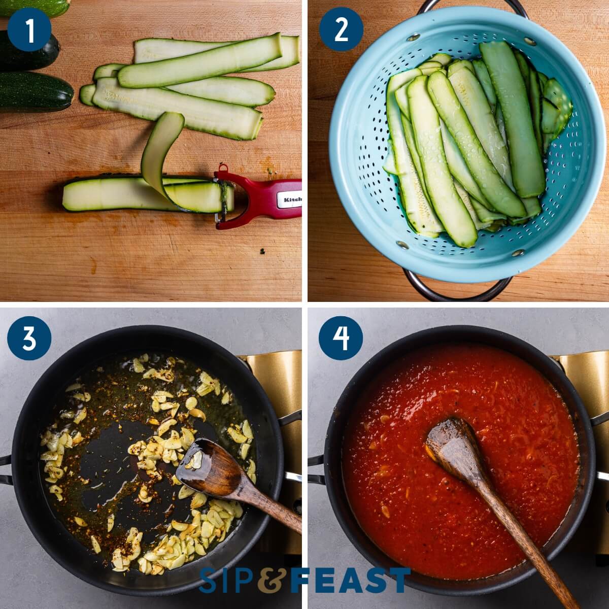 Zucchini rollatini recipe process collage group one showing slicing and salting the zucchini in a colander and making the sauce.