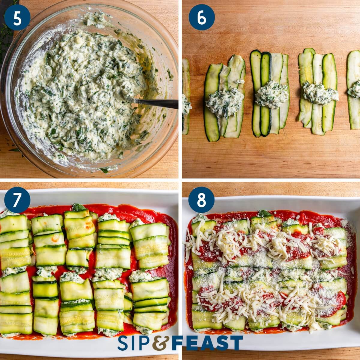 Recipe collage two showing mixing the filling, laying the filling on the zucchini, placing the rollatini in a baking dish, and covering with mozzarella and sauce before baking.