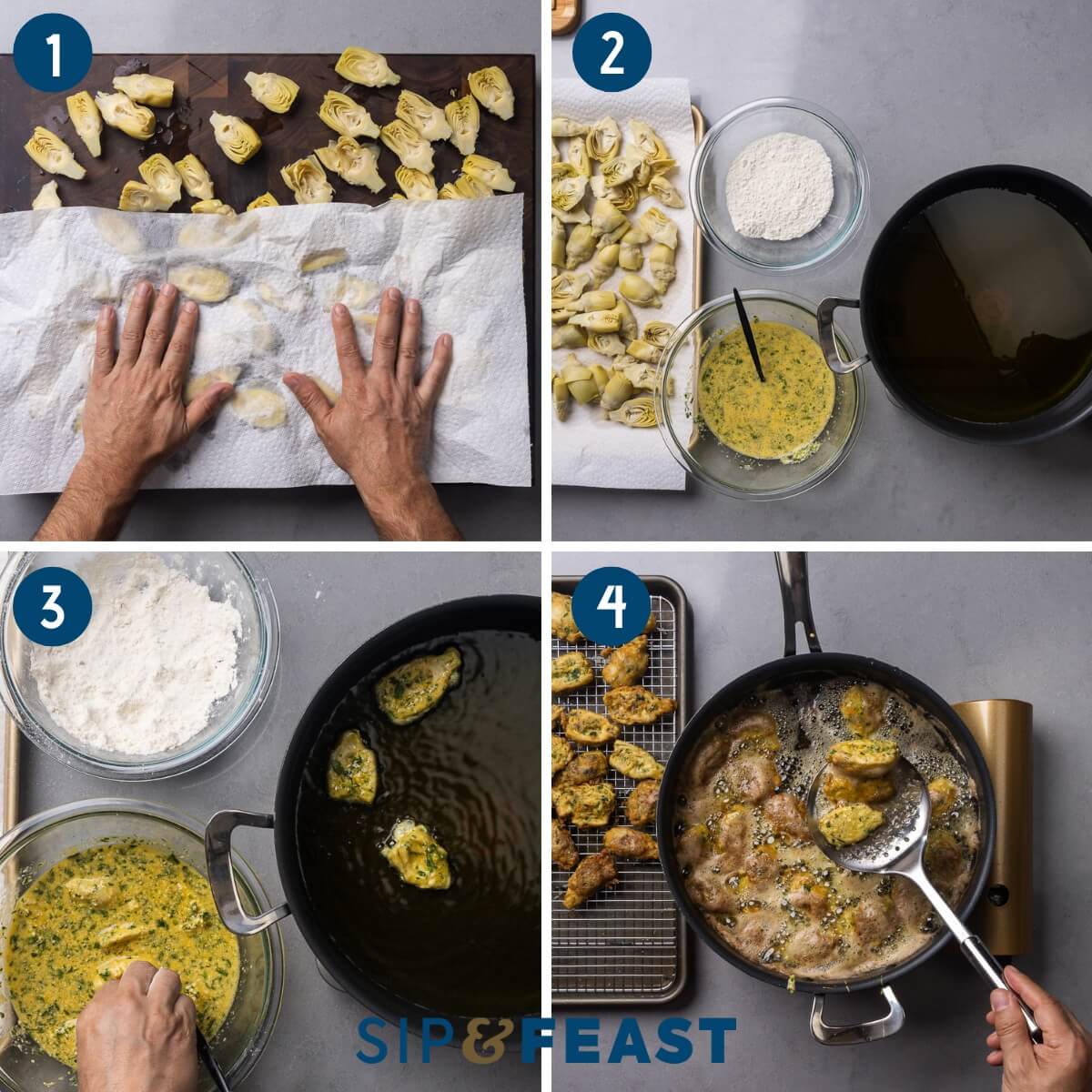 Recipe collage group one showing patting the artichoke hearts dry, setting up frying station, dredging the hearts in flour and egg, and frying the artichoke hearts.