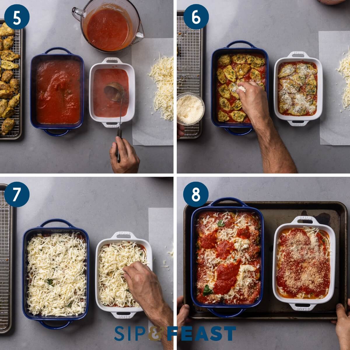 Recipe collage two showing adding sauce to the baking dishes, sprinkling grated parmesan over the fried artichoke hearts, adding mozzarella, and adding sauce and placing the dishes on a baking sheet.