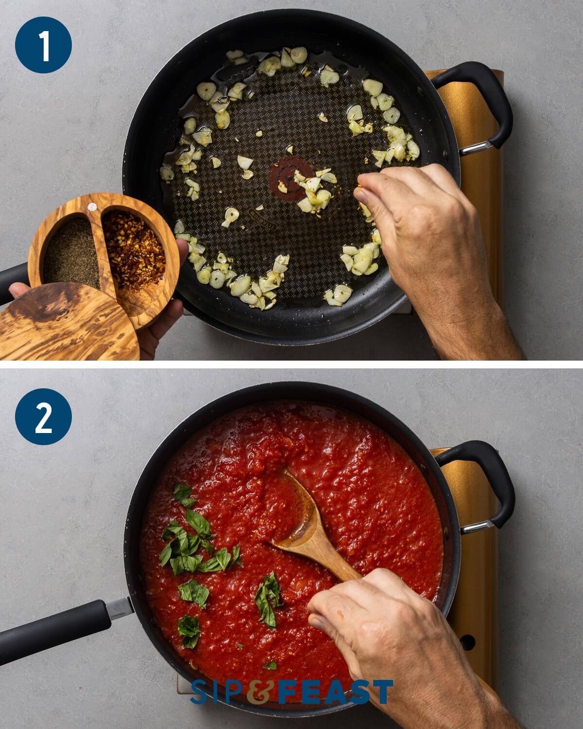 Recipe collage showing sauteing the garlic and hot pepper in olive oil and adding basil to the sauce.