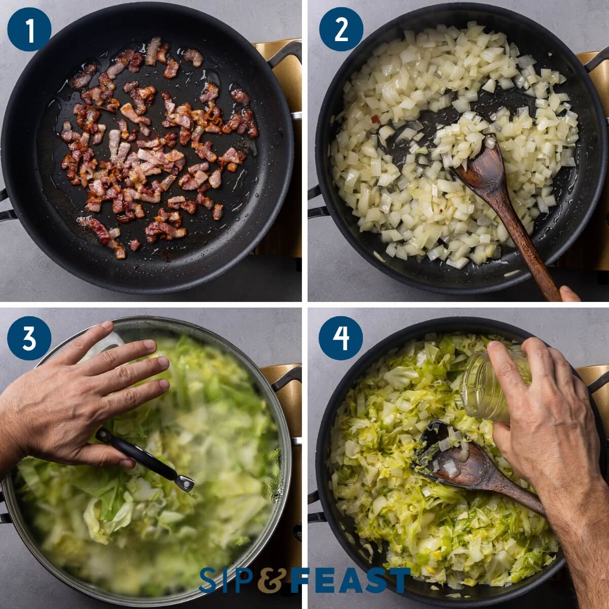 Recipe process shot collage group one showing sauteing of bacon, sauteing of onions, steaming cabbage, and adding wine to the pan.