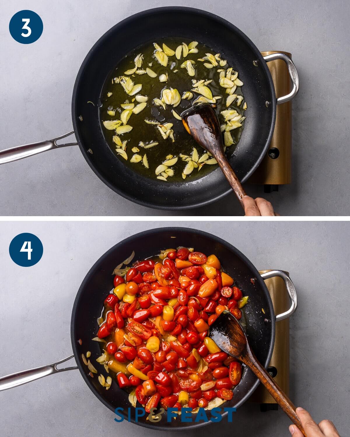 Recipe collage group two showing sauteing of garlic and adding cherry tomatoes to the pan.
