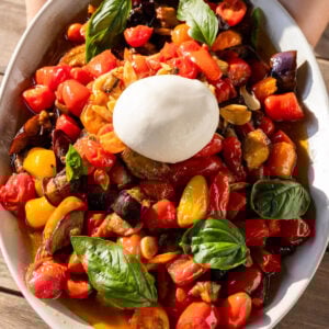 Hands holding platter with cherry tomatoes, fried eggplant, and burrata.