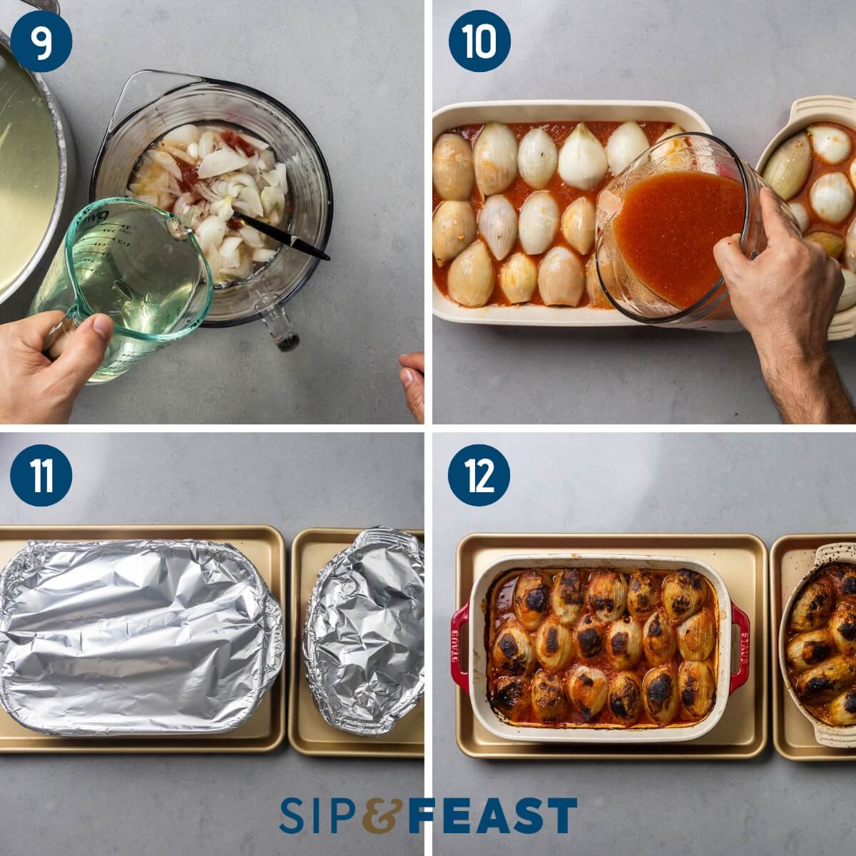 Recipe collage three showing making the sauce, pouring the sauce over the stuffed onions in a baking dish, covering dishes with foil, and the baked stuffed onions.