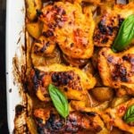 One-pan hot honey chicken and potatoes Pinterest image.