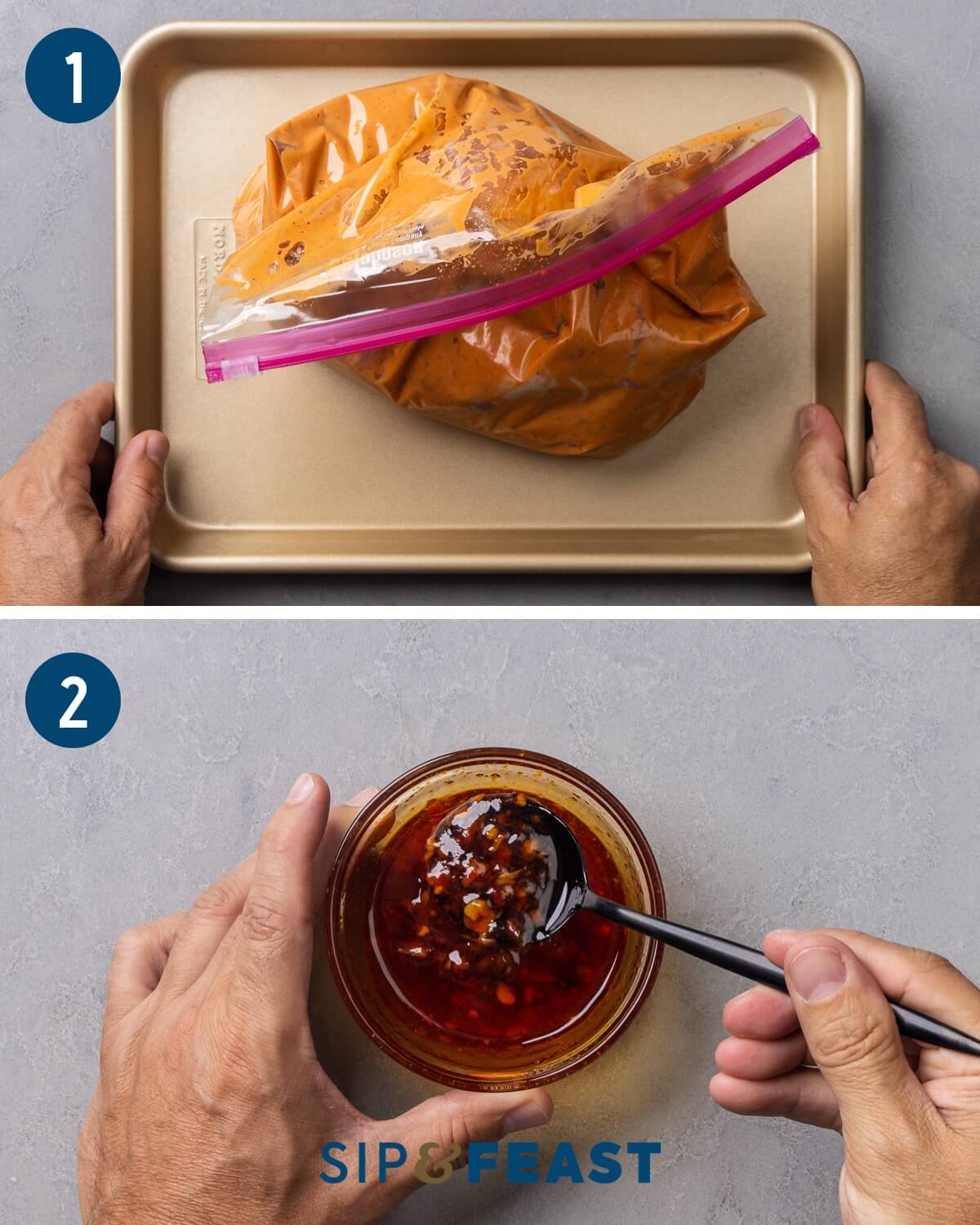 Rcipe process shot collage group one showing marinating chicken thighs in plastic bag and mixing the hot honey.