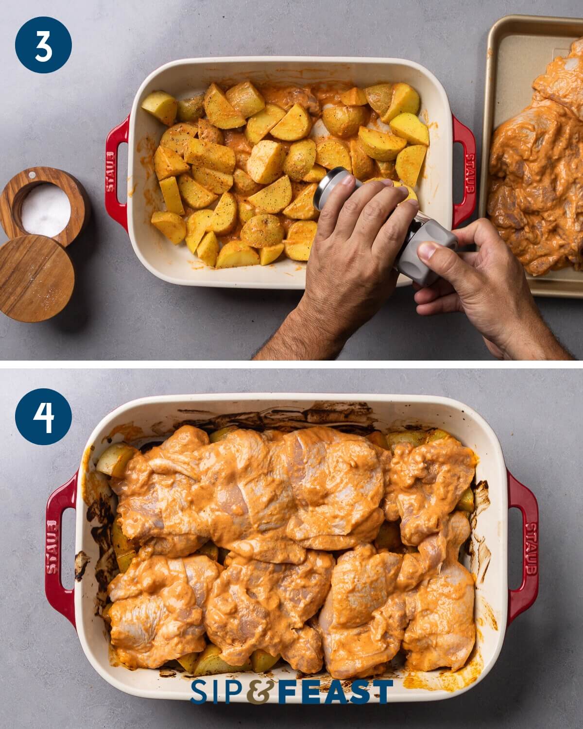 Recipe collage two showing seasoning the potatoes in baking dish and adding the chicken thighs on top of the potatoes.