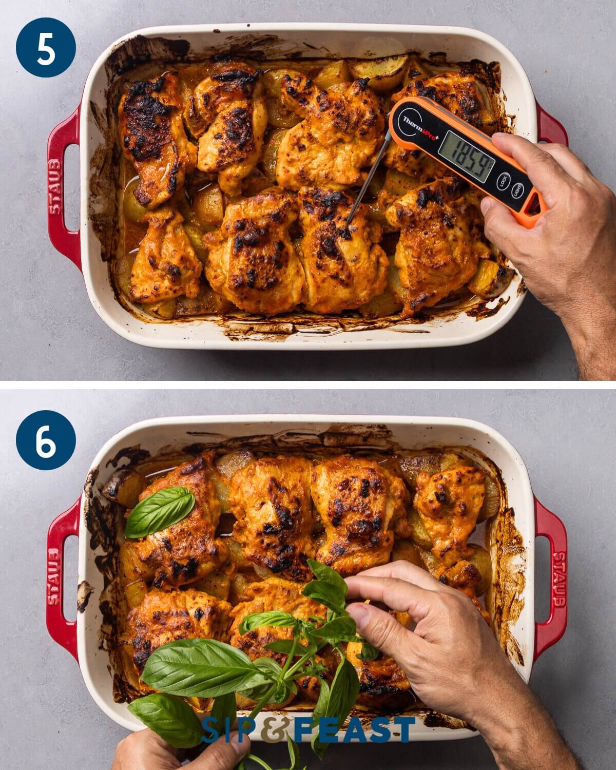 Recipe collage three showing checking internal temp of chicken with thermometer and garnishing with basil leaves.