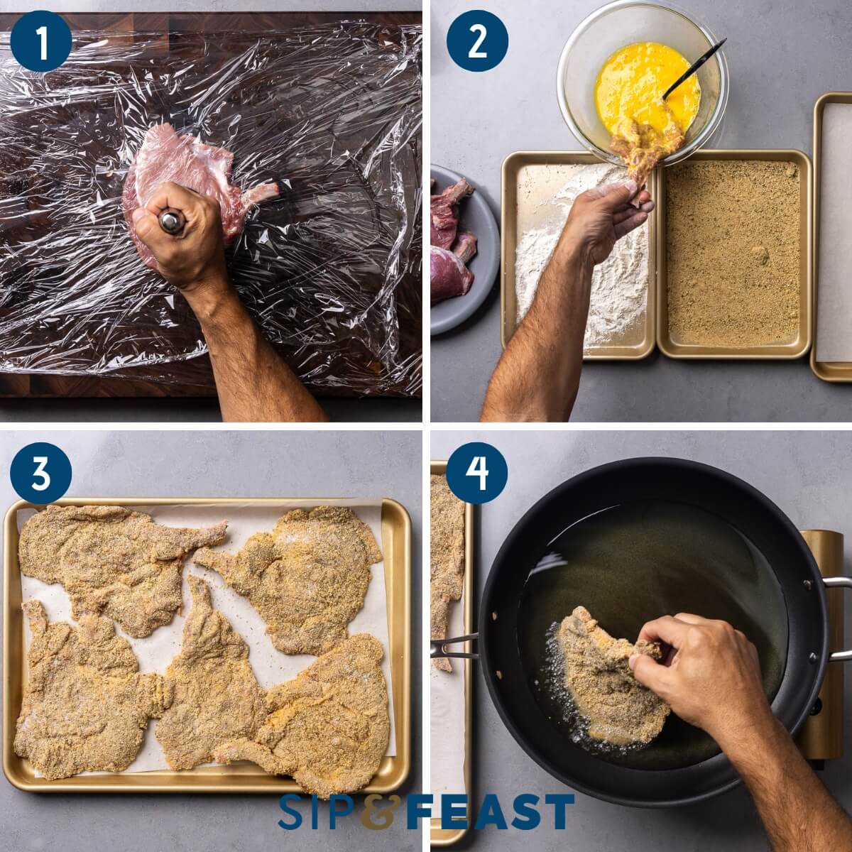 Recipe process shot collage group one showing pounding the pork chops flat, coating the chops in flour, egg, and breadcrumbs, a sheet of breaded pork chops, and placing the chop into hot olive oil.