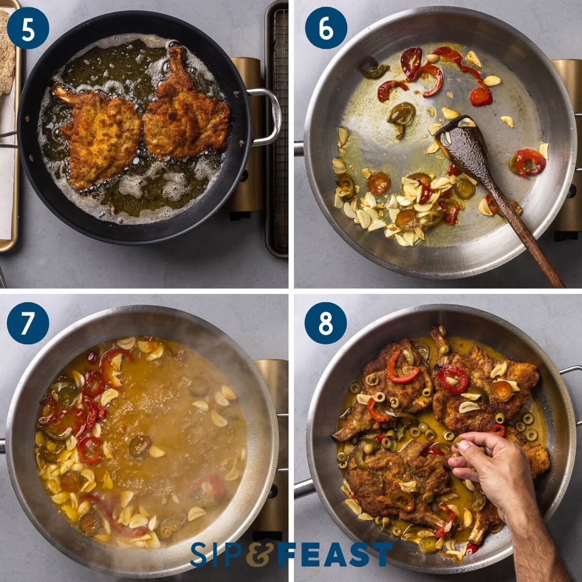 Recipe process group two showing frying the chops, sauteing garlic and cherry peppers, boiling the sauce, and placing the chops into the sauce and adding the olives.
