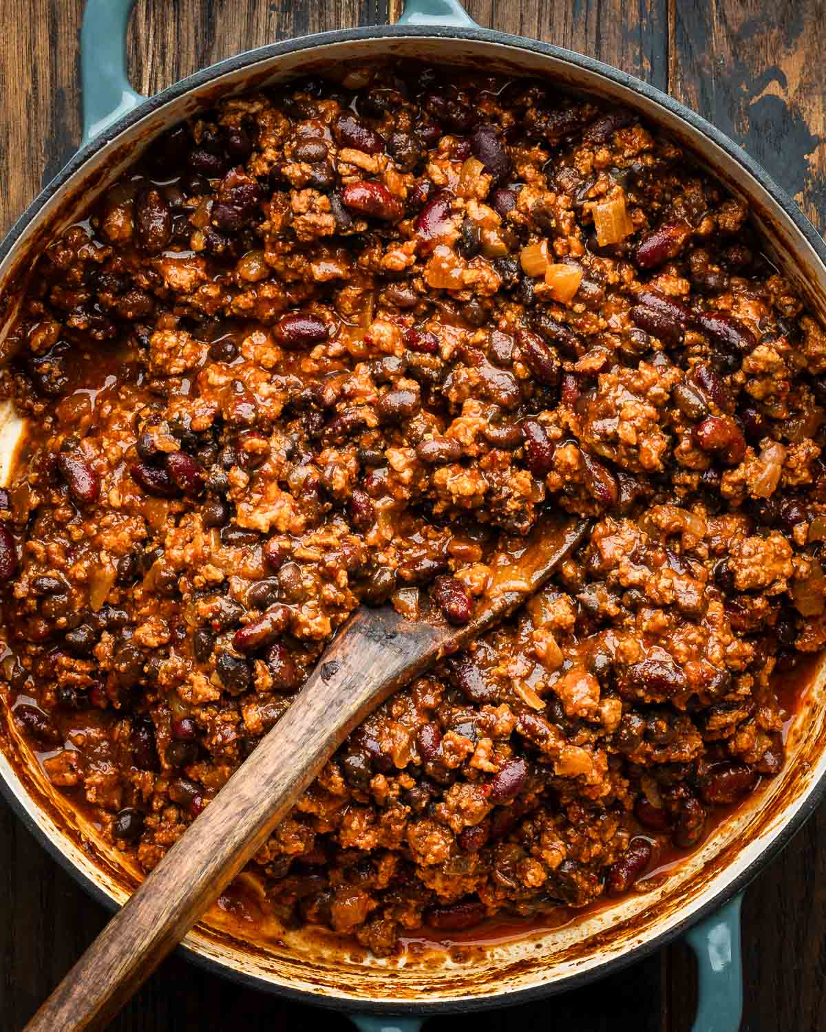 Large pot of turkey chili.