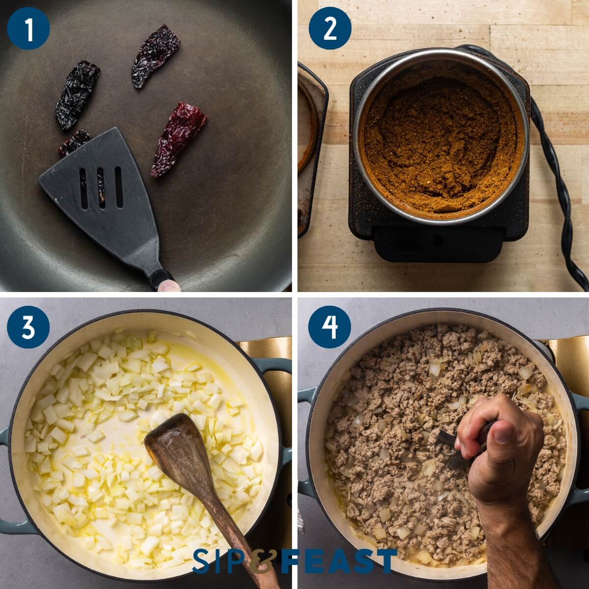Recipe process shot collage group one showing toasting of chiles, grinding into a powder, sauteing onions, and sauteing ground turkey.