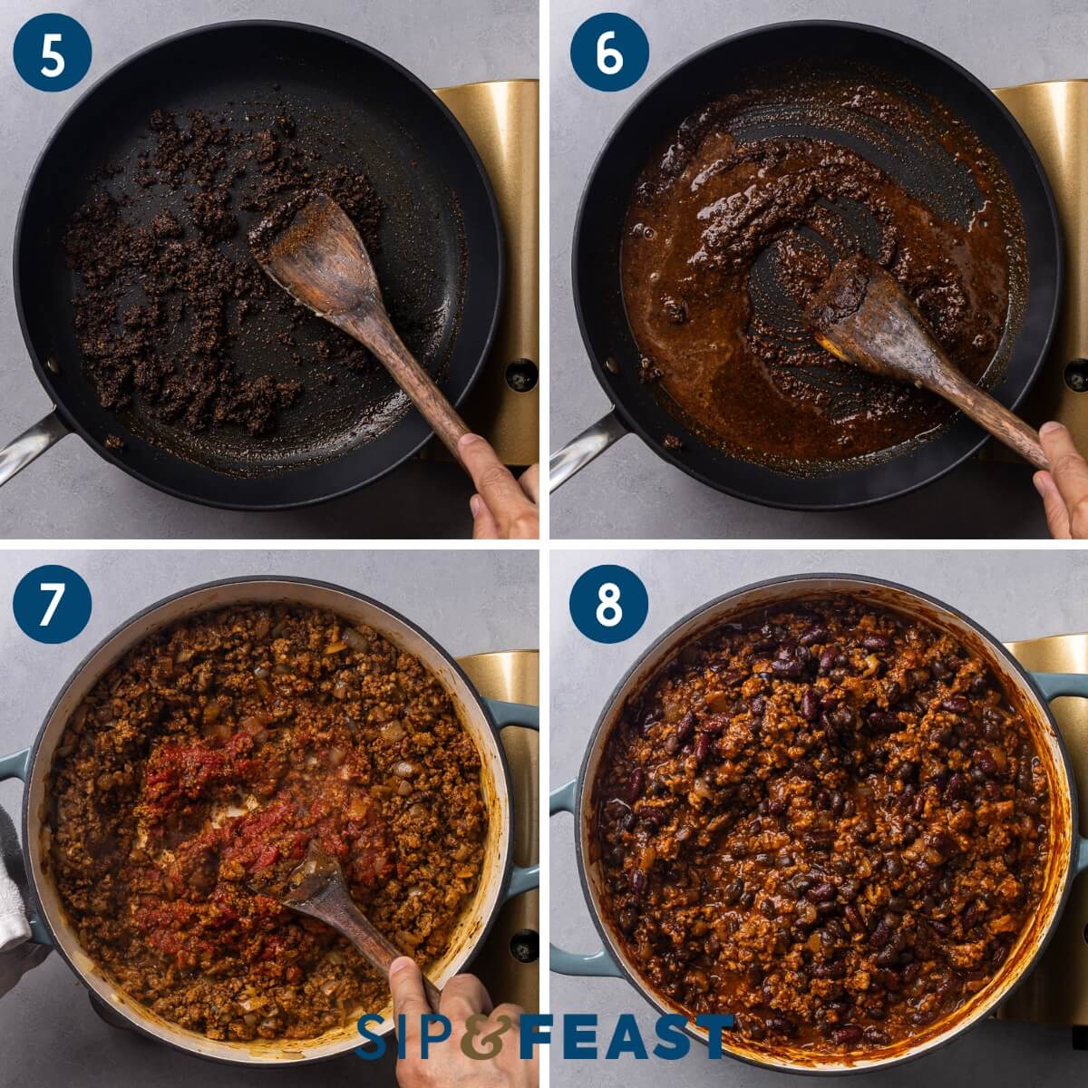 Recipe collage two showing blooming of spice mixture, adding tomato paste and spice mixture to turkey, and simmering pot of turkey chili.
