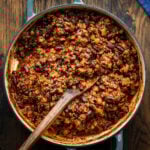 Turkey chili in large blue braiser pot.