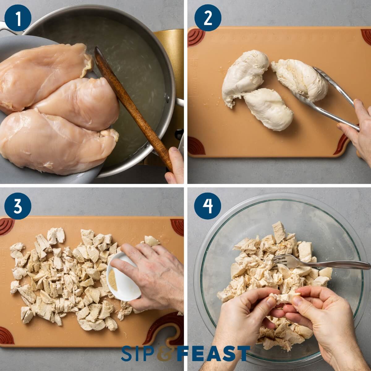 Recipe process collage showing poaching of the chicken, seasoning the cut chicken, and breaking up the pieces with hands.