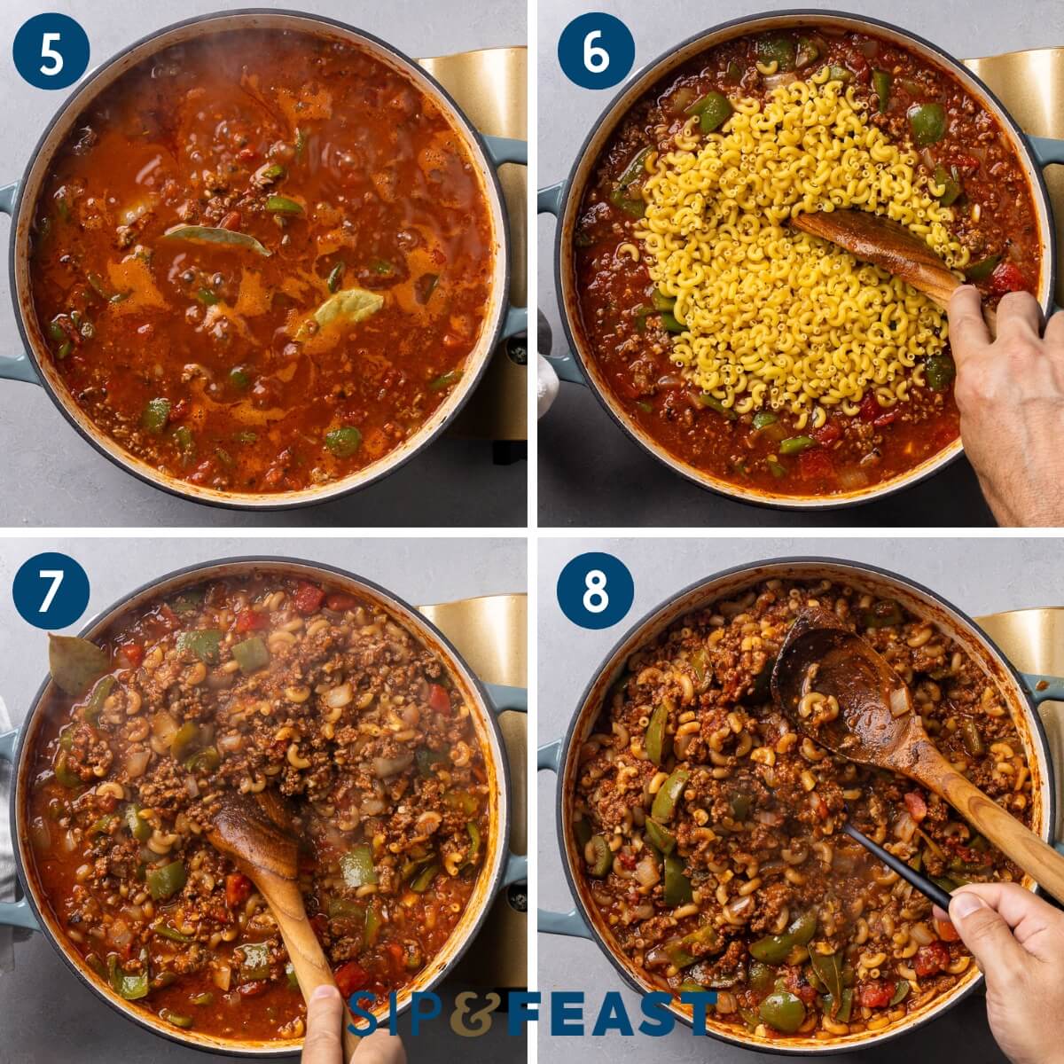 Recipe collage two showing bringing sauce to a boil, adding the macaroni, stirring frequently to avoid sticking, and taste testing the final dish.