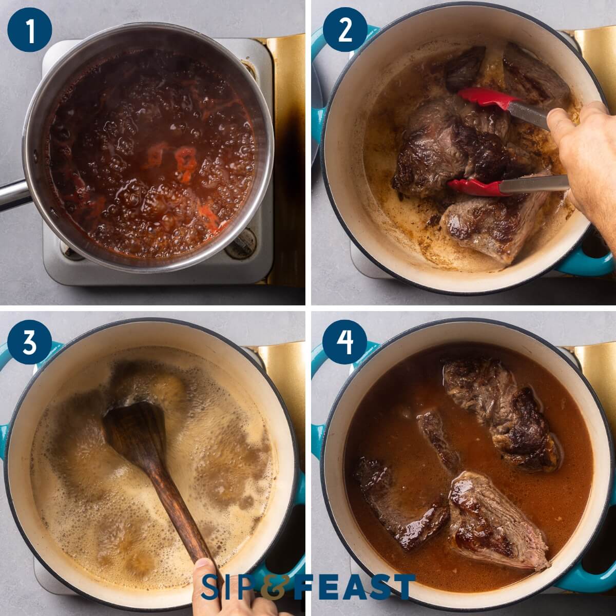 Recipe process collage group one showing making the bbq sauce, searing the chuck roast, bringing braising liquid to boil, adding the bbq sauce and chuck roast to the pot.