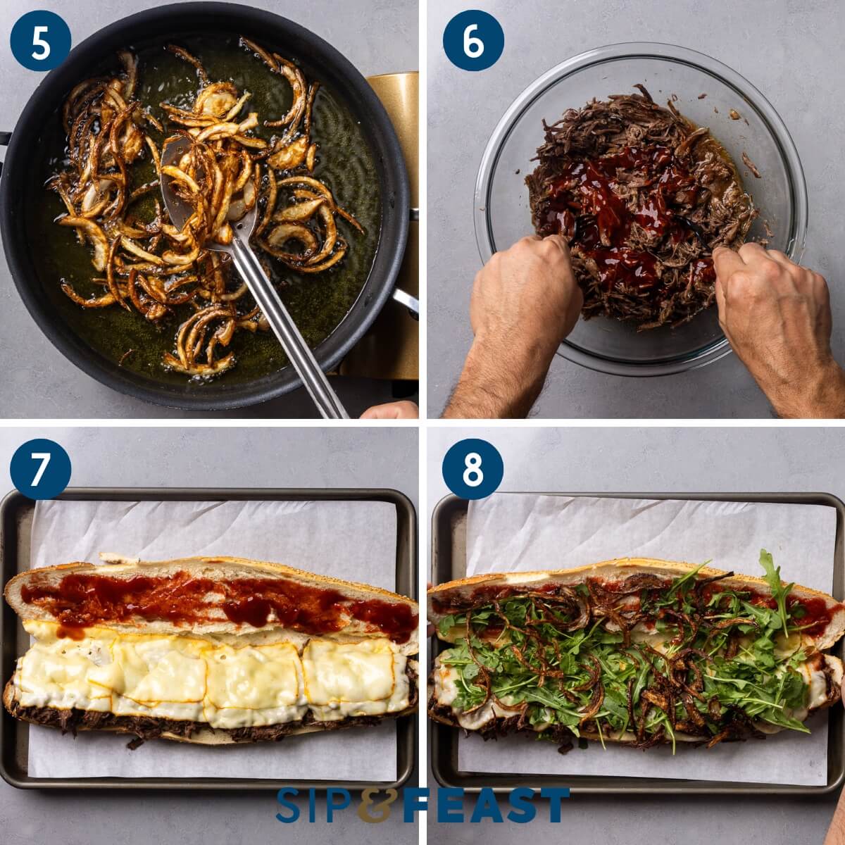 Recipe collage two showing frying the onions, shredding and mixing the bbq sauce and chuck roast together, topping the sandwich with cheese, and finishing sandwich with crispy onions and arugula.