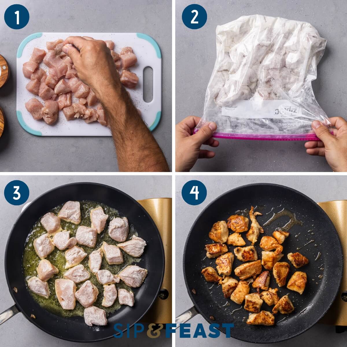 Recipe process shot collage group one showing seasoning cubed chicken, flouring the chicken, and searing the chicken in olive oil.