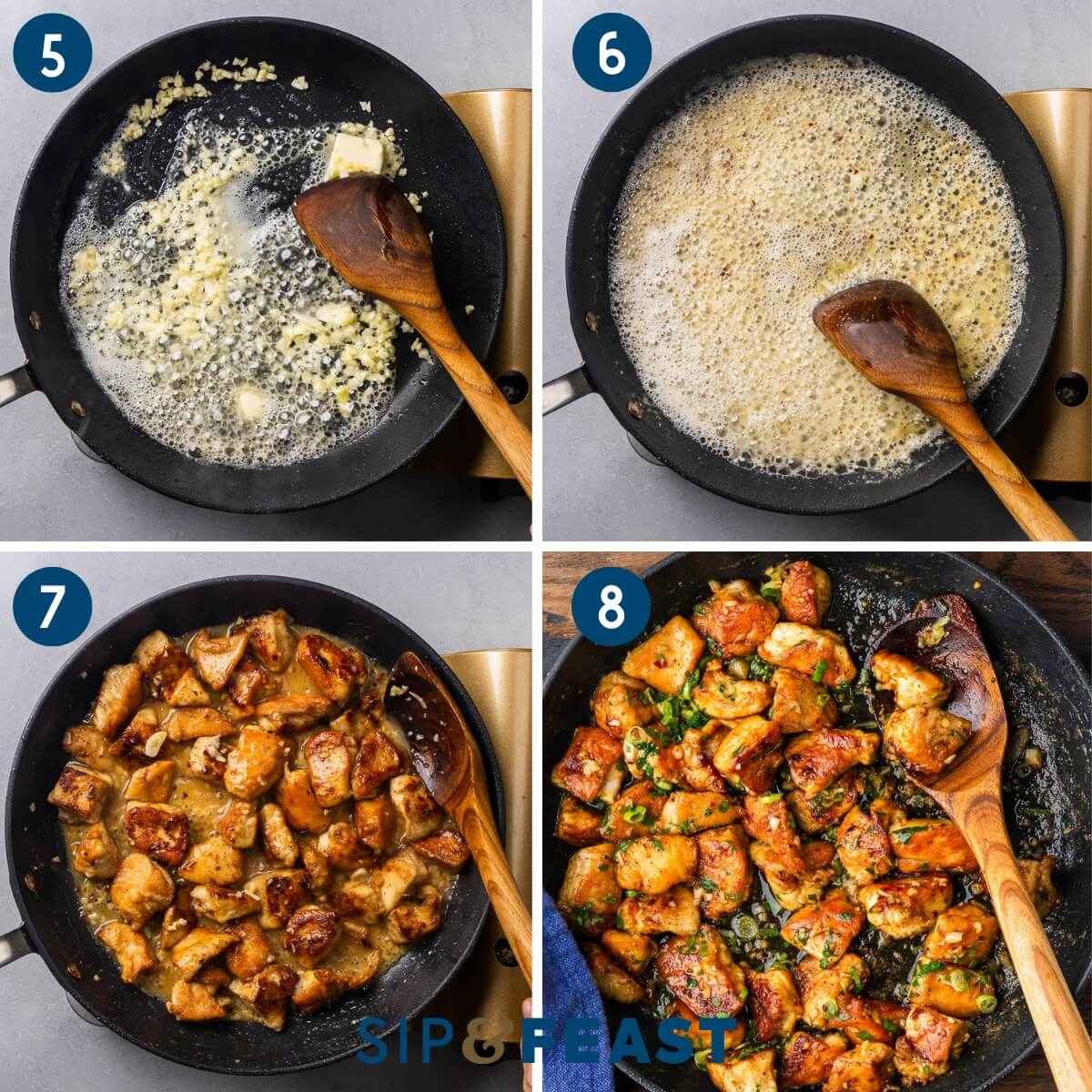 Recipe collage two showing sauteing garlic in butter, adding wine to pan, returning chicken to the pan, and mixing in the parsley and green onions.