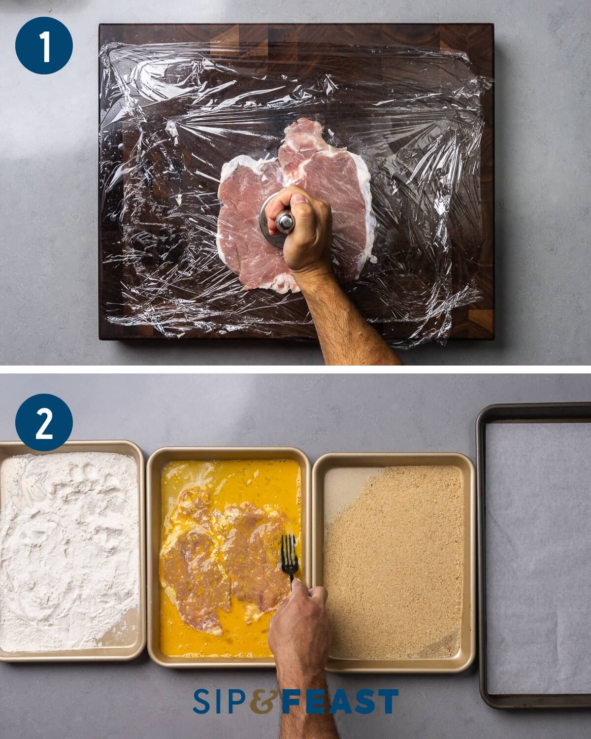 Jägerschnitzel recipe process collage group one showing pounding pork chops flat and breading the chops in flour, egg, and breadcrumbs.