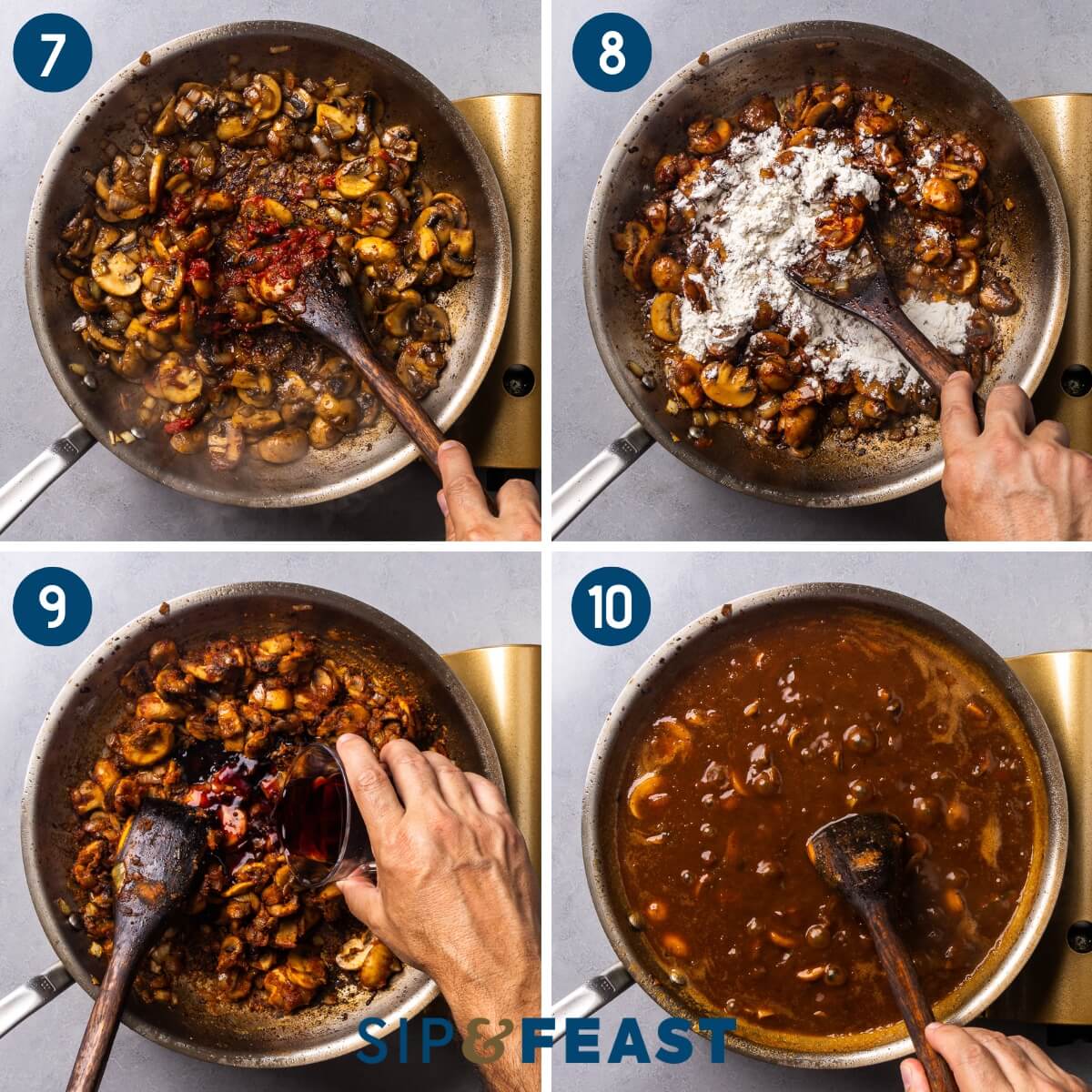 Recipe collage three showing sauteing mushrooms and tomato paste, adding the flour, adding red wine, and making the gravy.