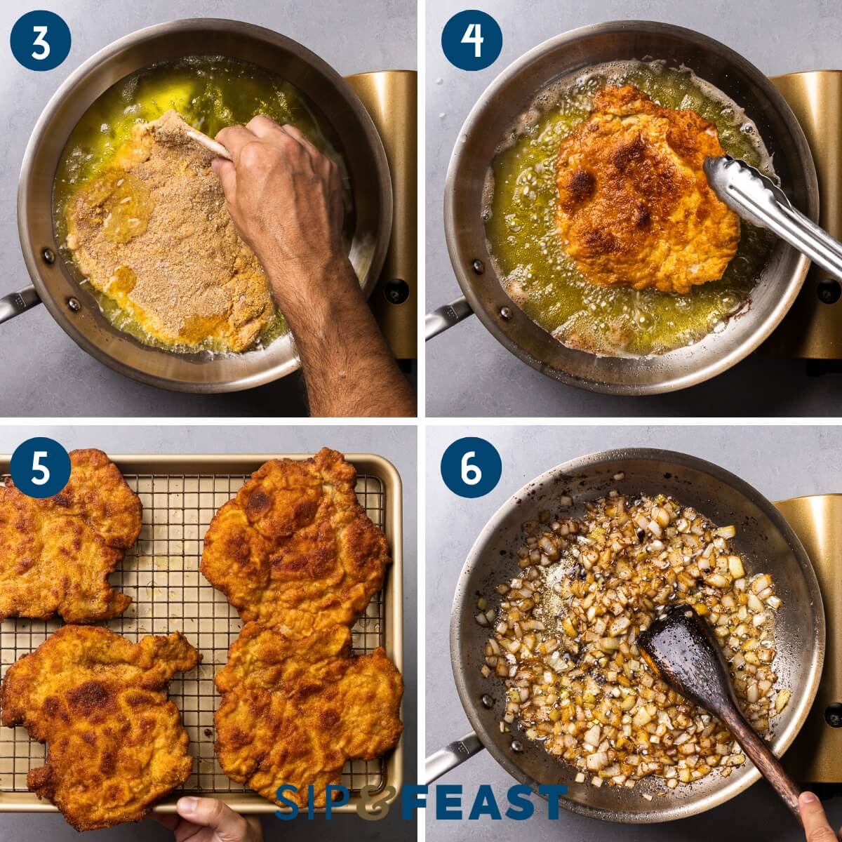 Recipe collage two showing adding schnitzel to hot oil, pulling fried schnitzel out of the oil, showing the four fried schnitzel, and frying onions in the pan drippings.